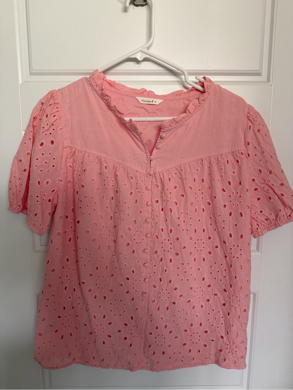 Glamorous Soft Pink Eyelet Button-Front Blouse
